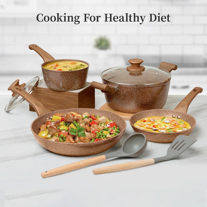 Innerwell 8+11inch Frying Pan Stew Pot Milk Pot Sets Nonstick Nontoxic Cookware Kitchen Stir Fry Cooking Pot Suitable All Stoves