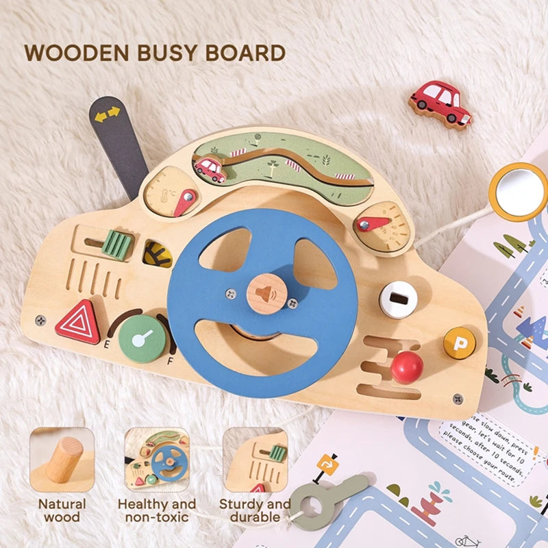 Baby Montessori Toys Steering Wheel Wooden Busy Board Wooden Sensory Toys Toddlers Preschool Travel Learning Activities Kid Gift