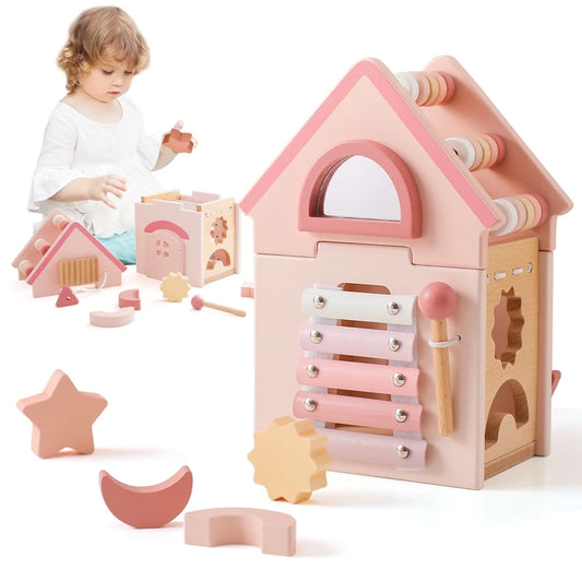 Baby Montessorri Toys Wooden Five-in-one Pink House Blocks Toy Xylophone Multifunctional Busy Toy Geometric Educational Toy Gift