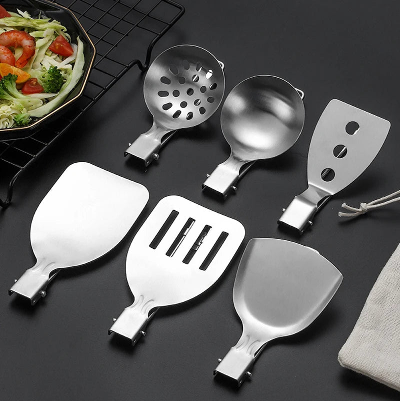Foldable Cooking Utensils Set Stainless Steel Long Handle Shovel Spoon Spatula Kitchenware Camping Picnic BBQ Cookware Gadgets