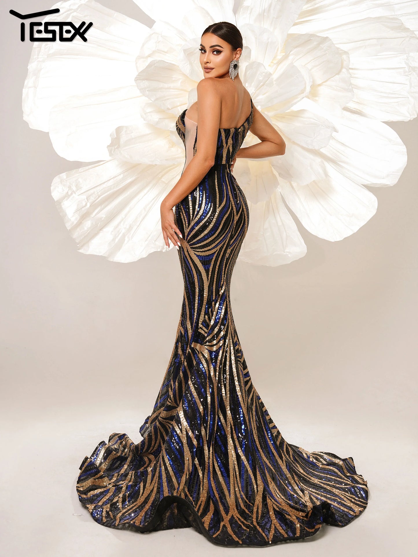 Yesexy 2024 New Blue One Shoulder Sequin Mermaid Evening Gown Formal Occasion Cocktail Floor Length  High Quality Luxury Dress