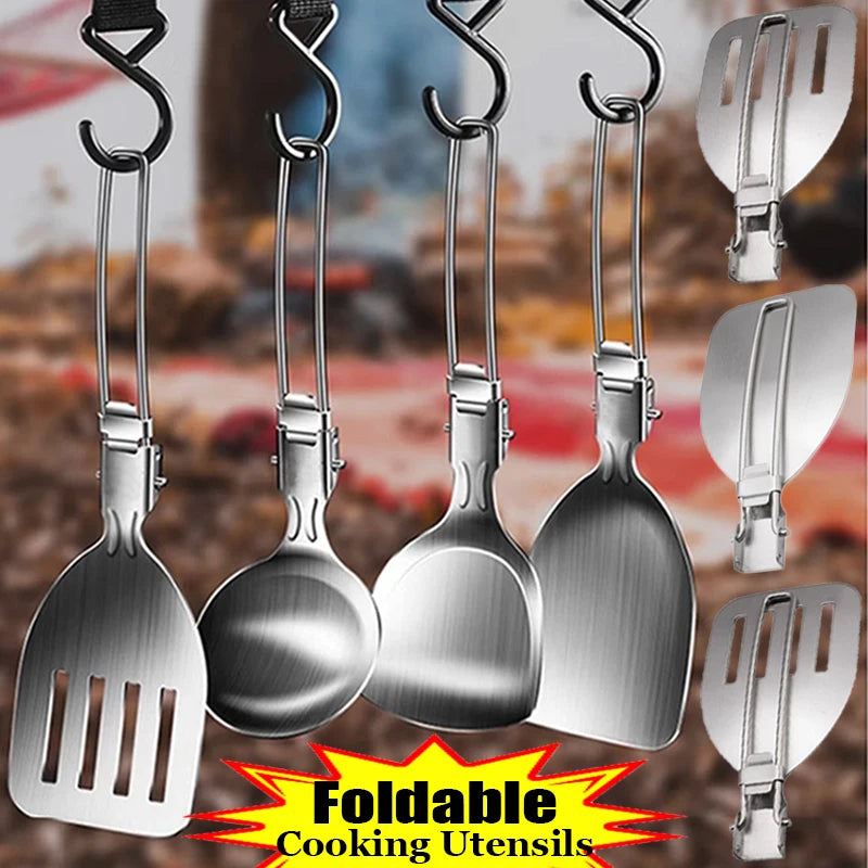 Foldable Cooking Utensils Set Stainless Steel Long Handle Shovel Spoon Spatula Kitchenware Camping Picnic BBQ Cookware Gadgets