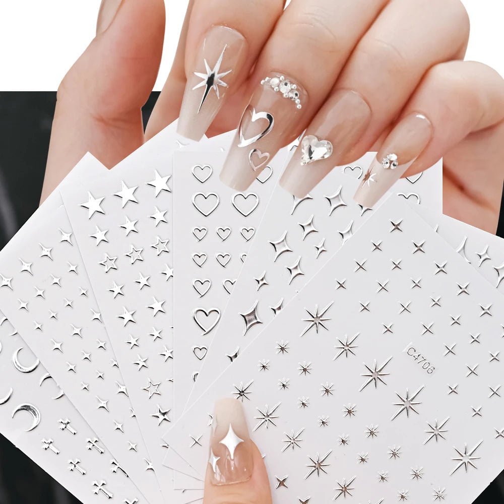 6Pcs/set Metal Mirror Silver Star Nail Art Sticker Bronzing Sun/Moon/Star Nail Decal Self-Adhesive Laser Star Manicure Slider