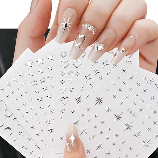 6Pcs/set Metal Mirror Silver Star Nail Art Sticker Bronzing Sun/Moon/Star Nail Decal Self-Adhesive Laser Star Manicure Slider