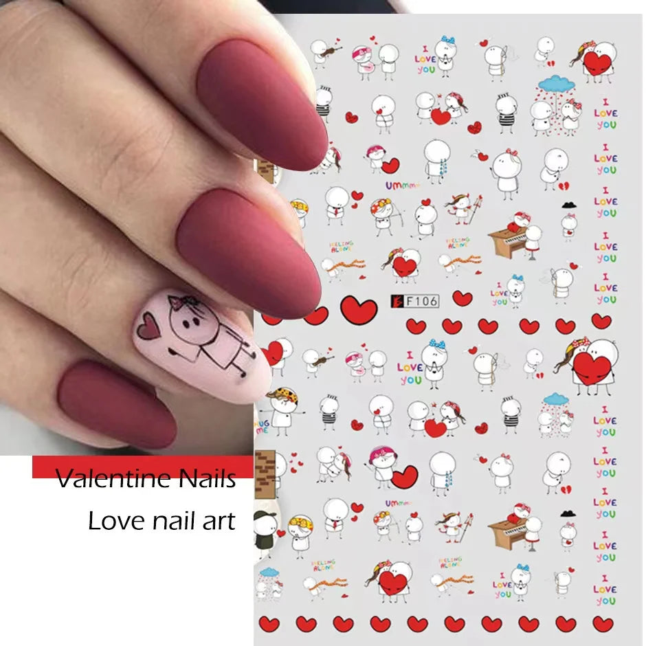 3D Cartoon Valentine Nail Stickers Red love series Various stickers For Girls Nail Decal Adhesive Press On Nails Nails Products