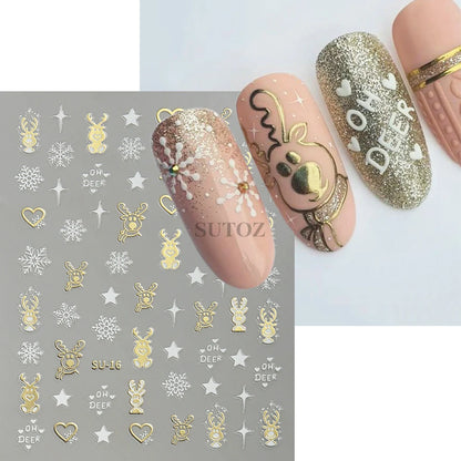 3D Golden Christmas Nail Stickers Metallic Silver Deer Bear Snowflakes Star Nail Decals New Year Decoration 2024 Slider LEBSU-19