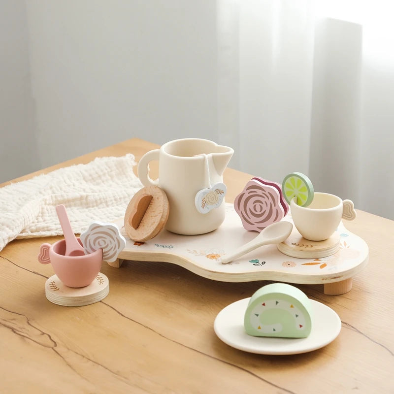 Wooden Afternoon Tea Set Toy Kitchen Utensil BPA Free Pretend Play Food Learning Role Play Game Early Educational Toy Kids Gifts