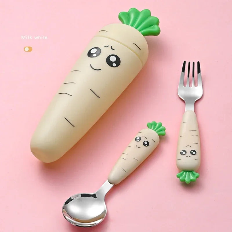 Cute Spoon Fork Tableware Children Carrots Feeding Vegetable Teaspoon Forks Flatware Kids Training Stainless Steel Dinnerware