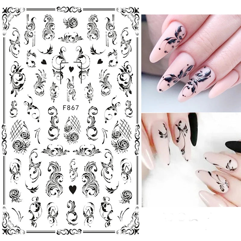 1PCS Black Flowers Leaves 3D Nail Stickers Nail Decoration Butterfly Snake Stickers Nail Decoration Decals Nail Parts