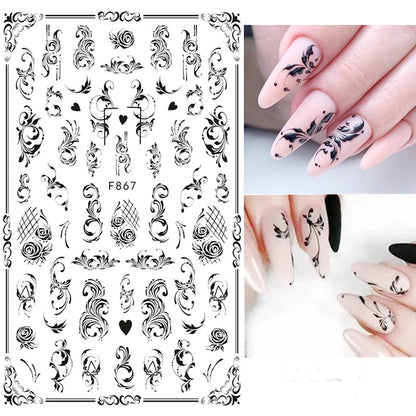 1PCS Black Flowers Leaves 3D Nail Stickers Nail Decoration Butterfly Snake Stickers Nail Decoration Decals Nail Parts