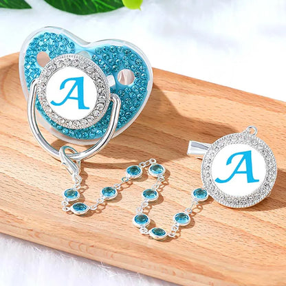 Blue Full Zircon Baby Pacifier Crystal Chain Clip Cover Set Letters Newborn Personalized Luxury Pacifiers Holder Silicone Nipple