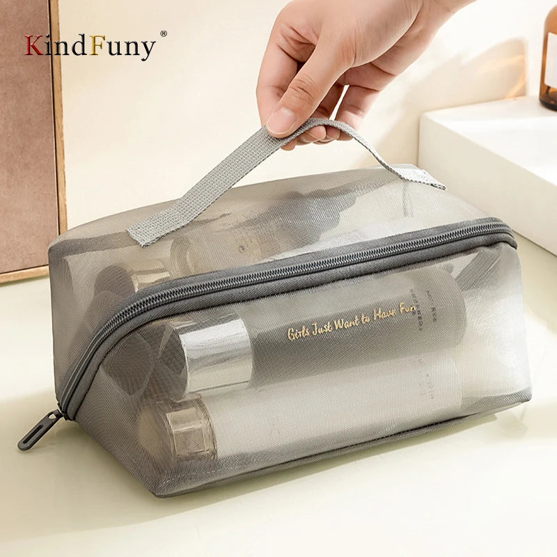 KindFuny Large Mesh Makeup Bag Foldable Transparent Women Cosmetics Separate Wash Bag Underwear Organization Storage Bag Travel