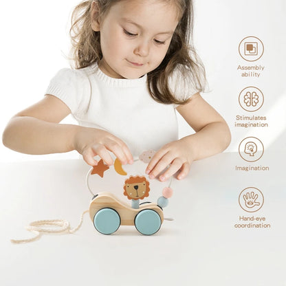 Wooden Montessori Baby Toys Animal Block Dragging Stars Moon Surround Train Hand-Eyes Coordination Stacking Toy Decoration Gifts
