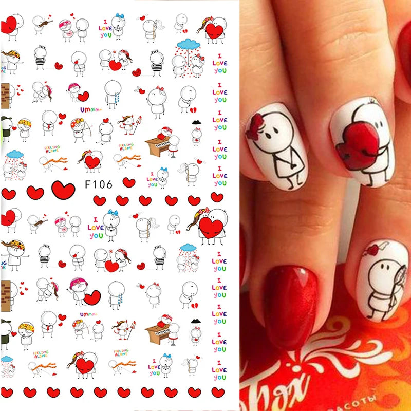 3D Cartoon Valentine Nail Stickers Red love series Various stickers For Girls Nail Decal Adhesive Press On Nails Nails Products