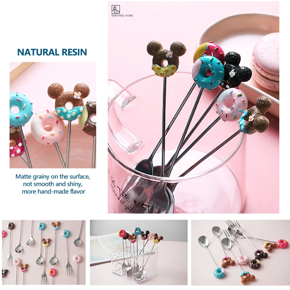 Stainless Steel Doughnut Spoon Fork Coffee Cake Dessert Tea Ice Cream Cartoon Teaspoon Stirring  Candy Cute Kids Dinnerware