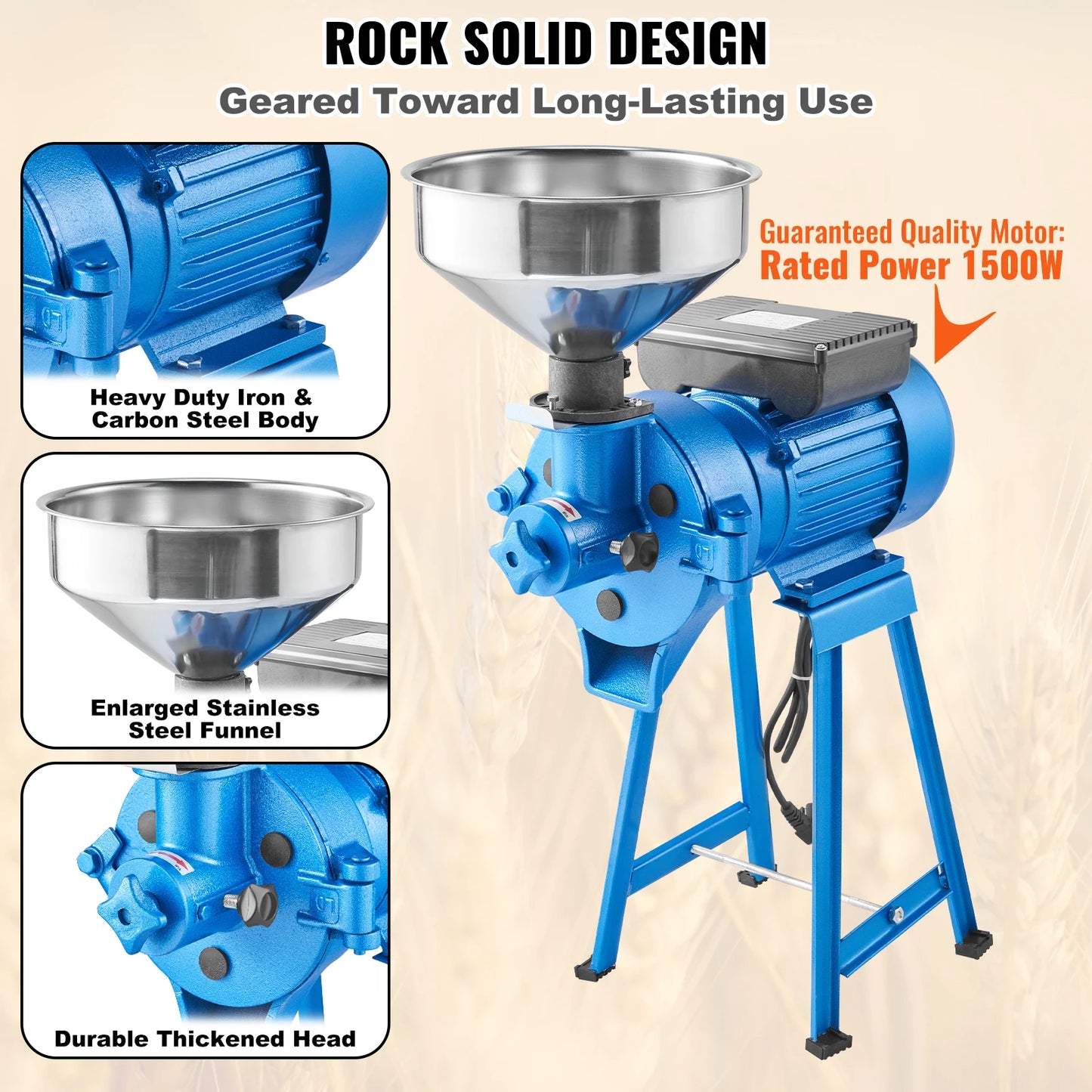 VEVOR Electric Grain Mill Grinder,1500W Spice Grinder,Commercial Corn Mill w/Funnel,Thickness Adjustable Powder Machine,Dry,Wet