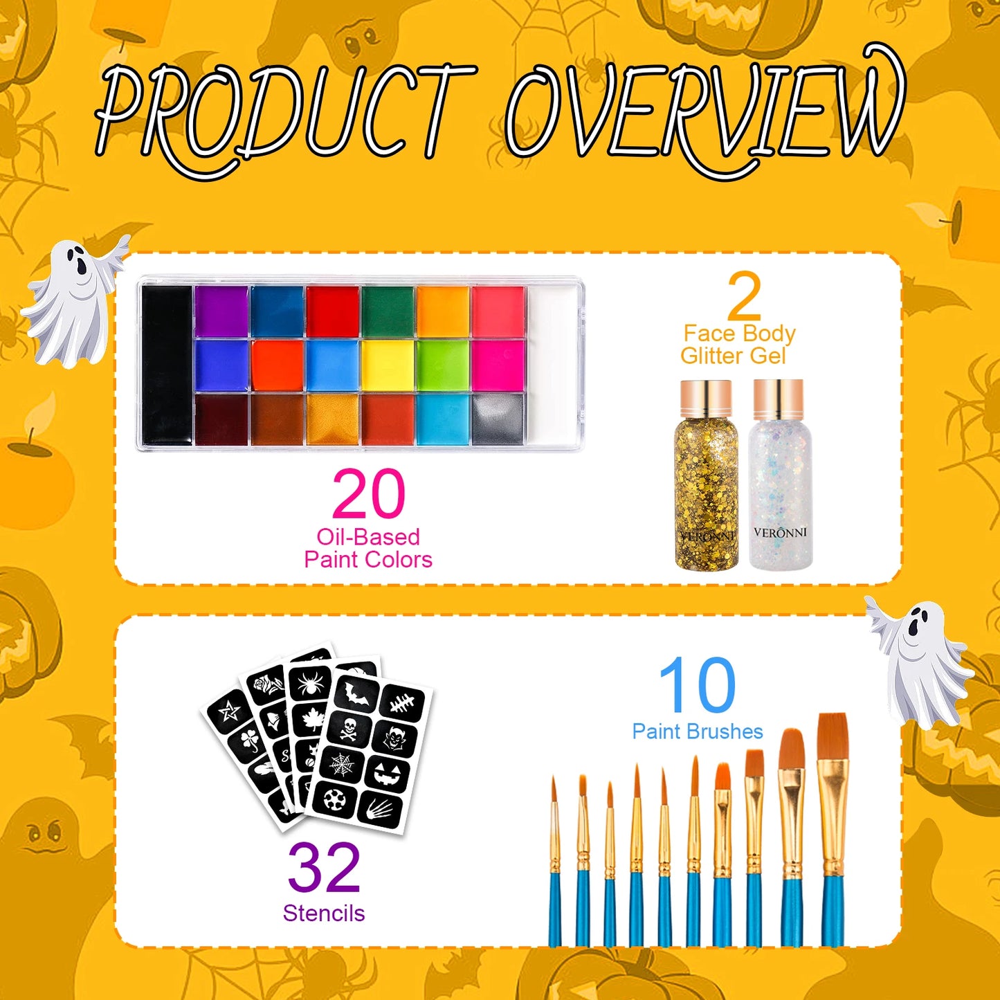 Face Body Paint Palette Oil Makeup Set 20 Colors SFX Halloween Party Painting with 10 pcs Artist Paintbrushes,Tattoo Stencil kit