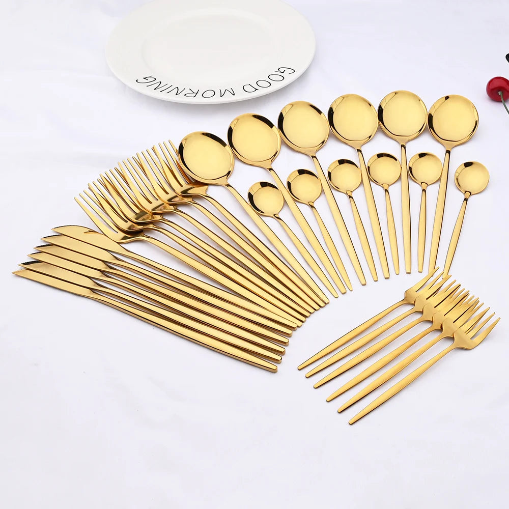 30pcs Gold Dinnerware Set Stainless Steel Steak Knife Fork Coffee Spoon Teaspoon Flatware Dishwasher Safe Kitchen Tableware Set