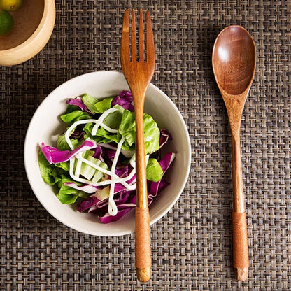 2Pcs Wooden Spoon Fork Dinnerware Set Long Wood Spoon and Fork Set Dessert Soup Spoon Dining Fork Portable Cutlery Tableware
