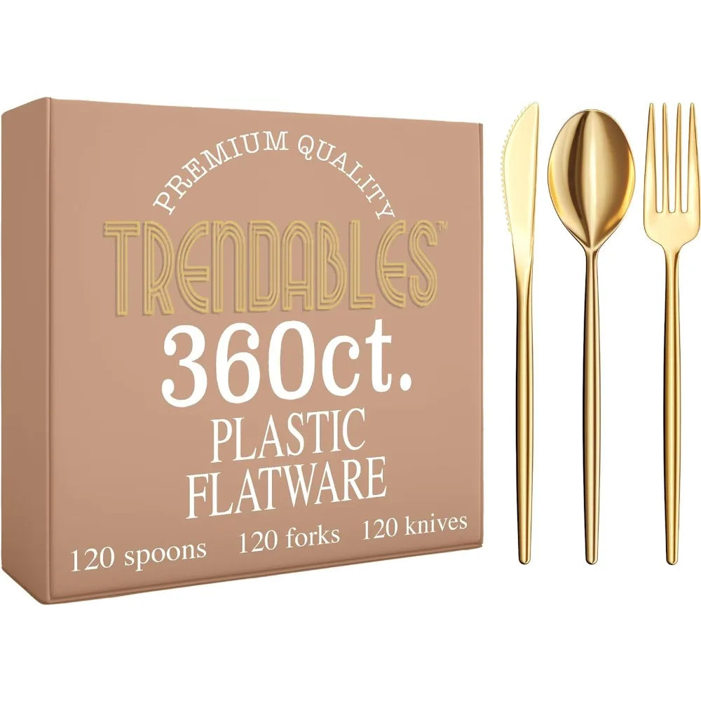Gold Plastic Forks and Spoons 360 Pack Disposable Silverware Set - Plastic Cutlery Set Includes 3 x 120 - Forks Silverware - Pla
