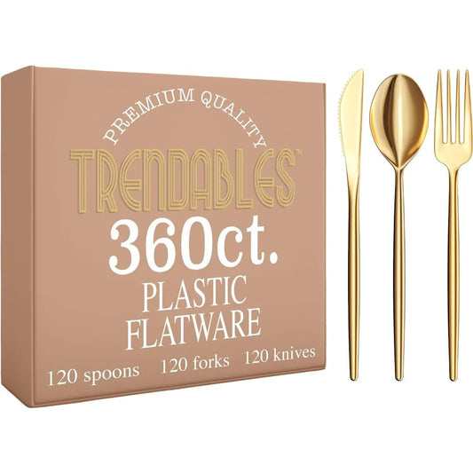 Gold Plastic Forks and Spoons 360 Pack Disposable Silverware Set - Plastic Cutlery Set Includes 3 x 120 - Forks Silverware - Pla