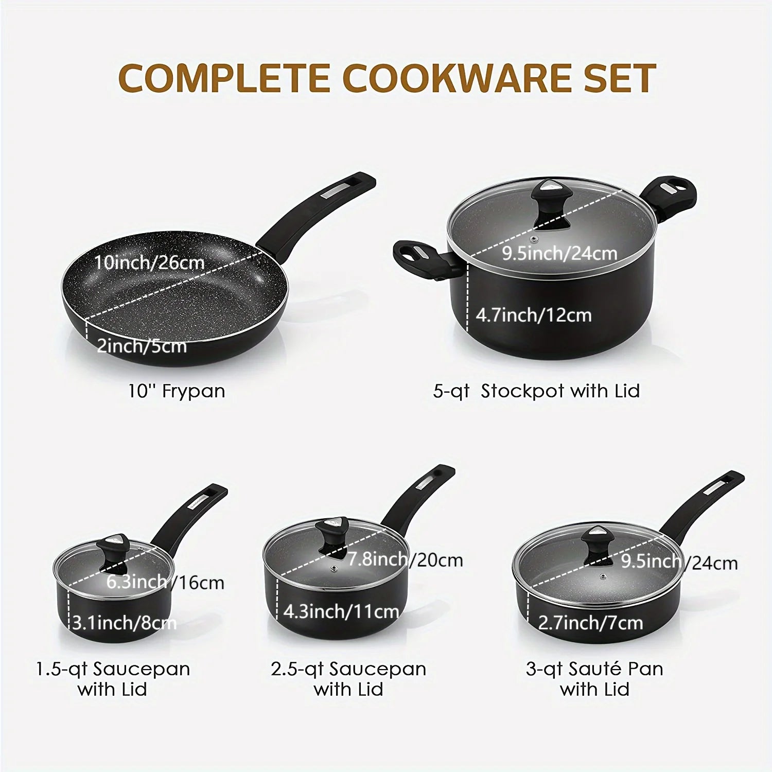 Premium 9 PCS Nonstick Cookware Set with Black Granite Coating