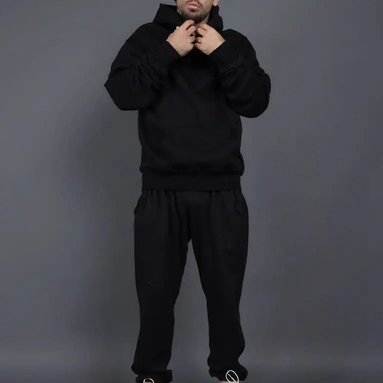 Custom logo autumn and winter cotton 60% polyester 40% plush and thickened men's and women's loose hooded sweater two-piece set