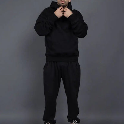 Custom logo autumn and winter cotton 60% polyester 40% plush and thickened men's and women's loose hooded sweater two-piece set