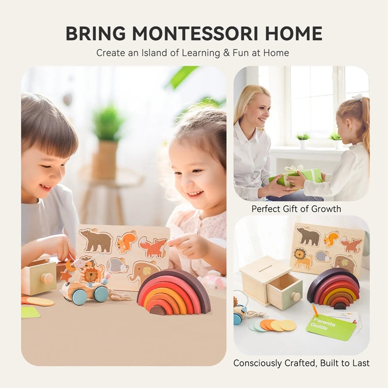 Montessori Baby Wooden Toy Coin Ball Busy Drum Color Shape Cognition Match Puzzle Game Toy Baby Early Education Sensory Toy Gift