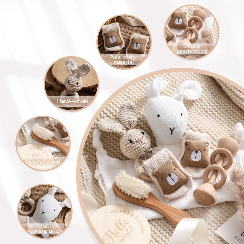 Baby Cotton Blanket Newborn Bath Set Gifts Box Wooden Ring Crochet Rabbit Rattle Brushs Bracelet Towel For Baby Shower Gift
