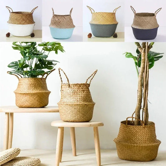 Rattan Flower Pots Container Storage Supplies Foldable Basket Weaved Storage Baskets with Handle Laundry Toys Sundries Organizer