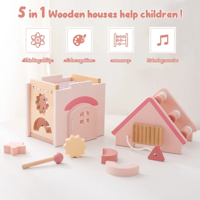 Baby Montessorri Toys Wooden Five-in-one Pink House Blocks Toy Xylophone Multifunctional Busy Toy Geometric Educational Toy Gift