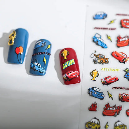 1PCS New Animation Cars Nail Stickers Disney Nail Art Supplies Disney Princess Mickey Mouse 5D Relief Stickers Nail Parts