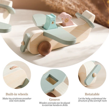Montessori Baby Wooden Building Blocks Toys Aircraft Manned Model Toys Wood Adornment Toys Baby Hand-Eyes Coordination Toys Gift