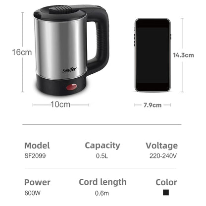 0.5L Mini Electric Kettle Tea Coffee Stainless Steel 600W Portable Travel Water Boiler Pot For Hotel Family Trip Sonifer