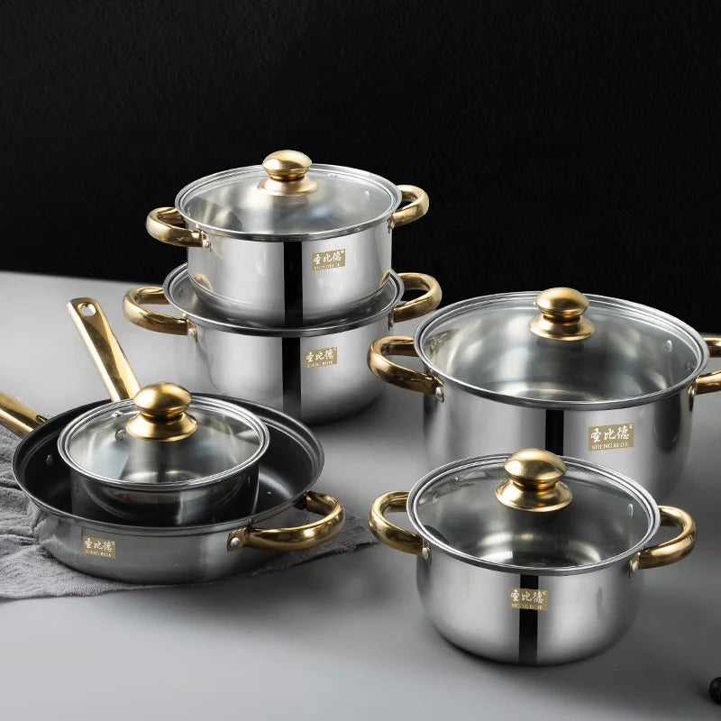 Stainless Steel Pot Set 12-piece Set Gold Handle Set Non-Stick Frying Pan