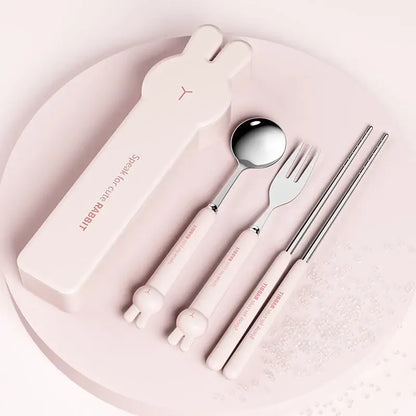 Cute Rabbit 304 Stainless Steel Tableware Spoon Fork Chopsticks Cartoon Student Children Good Gift Cutlery Set