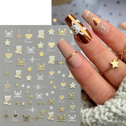 3D Golden Christmas Nail Stickers Metallic Silver Deer Bear Snowflakes Star Nail Decals New Year Decoration 2024 Slider LEBSU-19