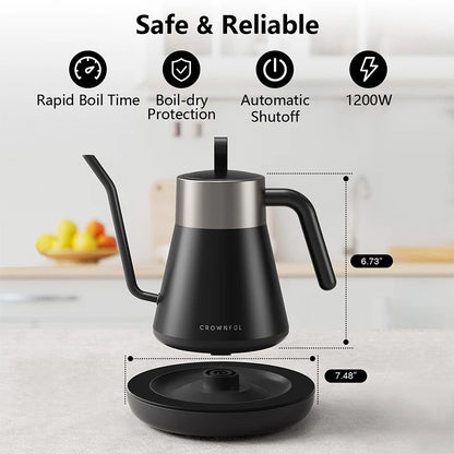 CROWNFUL Gooseneck Electric Kettle with Smart Variable Temperature Control 0.8L Hand Brew Coffee Pot 1200W Rapid Heating Kettle