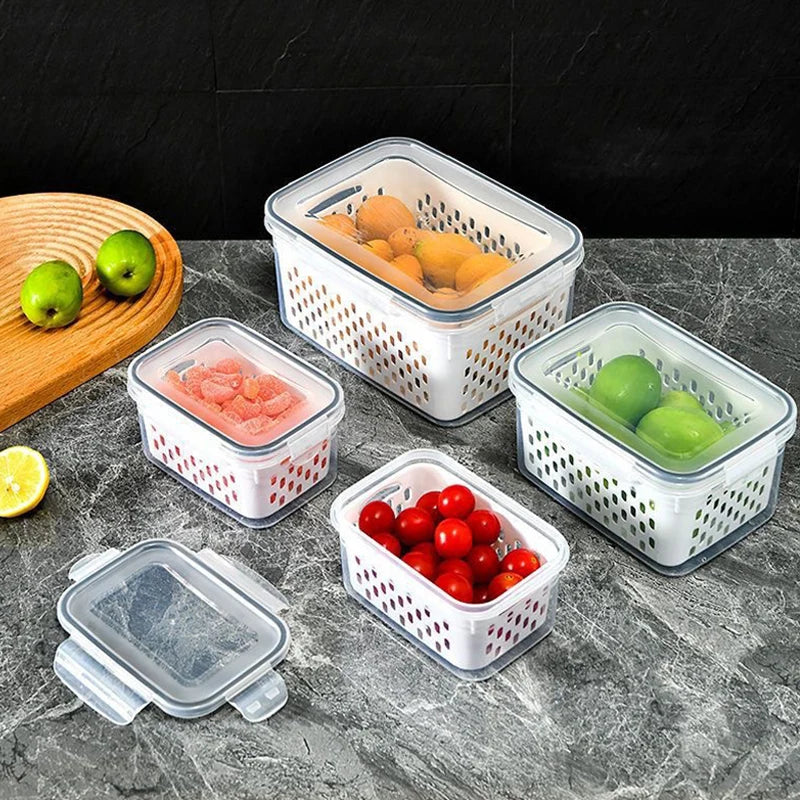 Refrigerator Storage Box with Drain Basket Multipurpose Organizer Fresh Vegetable Fruit Boxes Kitchen Organizer Containers 1PCS