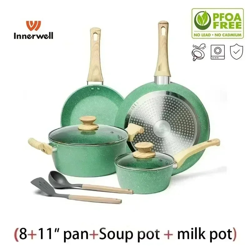 Innerwell 8+11inch Frying Pan Stew Pot Milk Pot Sets Nonstick Nontoxic Cookware Kitchen Stir Fry Cooking Pot Suitable All Stoves