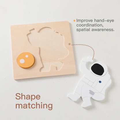 Wooden Puzzle Montessori Toys Baby Cartoon Astronaut Tangram Shapes Puzzle Learning Education Toys Kid Intelligence Jigsaw Gifts