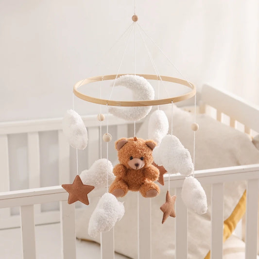 Baby Wooden Bed Bell Mobile Hanging Rattle Toys Teddy Velvet Bear Rabbit Doll Toy Newborn Music Hanger Crib Mobile Bracket Gifts