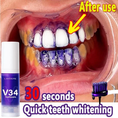 V34 Pro Smile Removal Plaque Stain Purple Corrector Teeth Whitening Toothpaste Enamel Easy Reduce Yellowing Oral Clean Care New