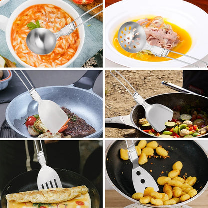 Foldable Cooking Utensils Set Stainless Steel Long Handle Shovel Spoon Spatula Kitchenware Camping Picnic BBQ Cookware Gadgets