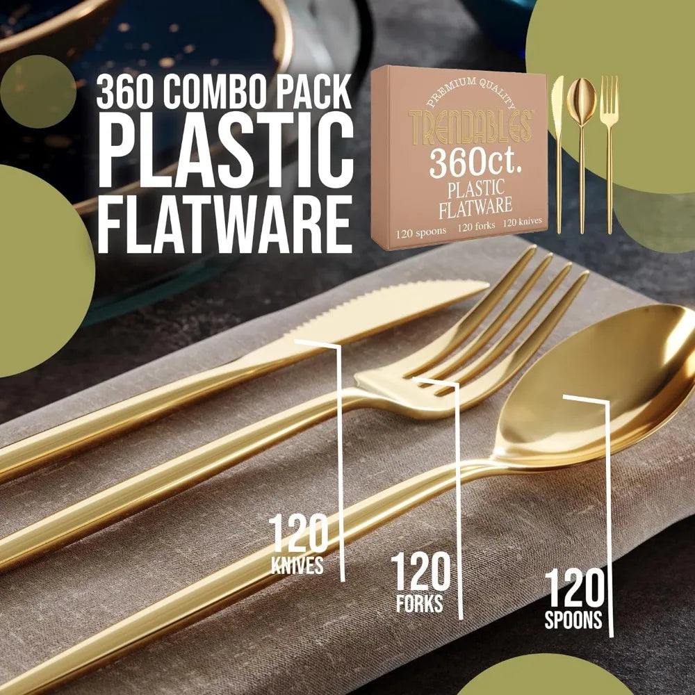 Gold Plastic Forks and Spoons 360 Pack Disposable Silverware Set - Plastic Cutlery Set Includes 3 x 120 - Forks Silverware - Pla