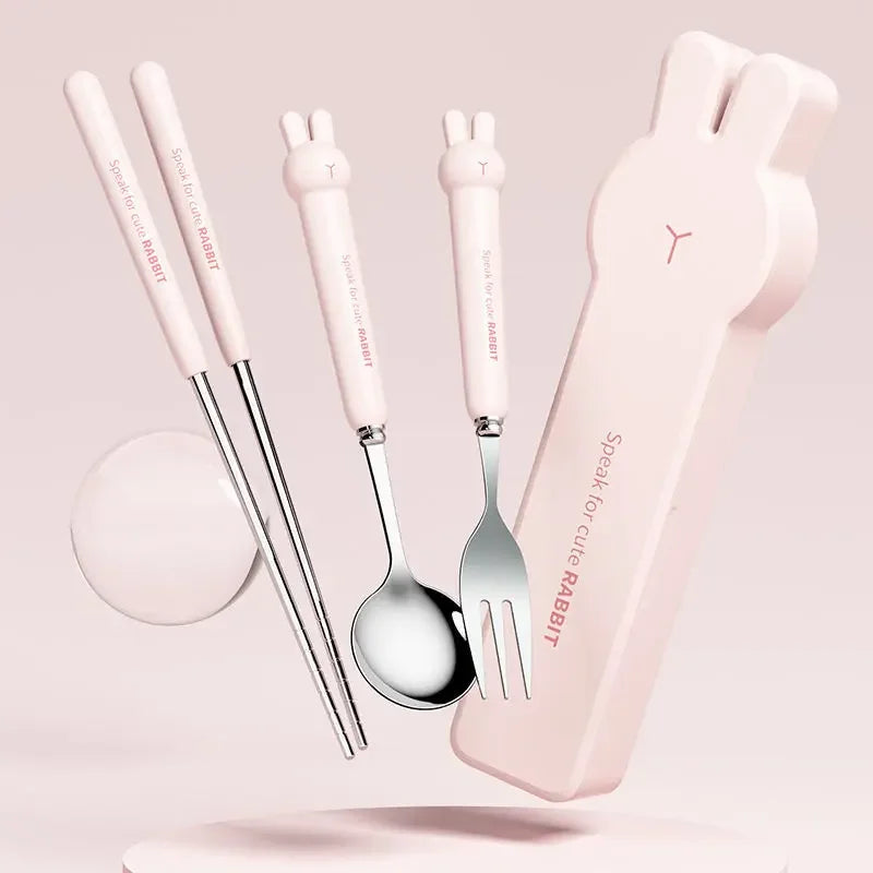 Cute Rabbit 304 Stainless Steel Tableware Spoon Fork Chopsticks Cartoon Student Children Good Gift Cutlery Set