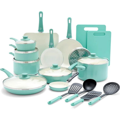 Soft Grip Healthy Ceramic Nonstick 23 Piece Kitchen Cookware Pots and Frying Sauce Saute Pans Set with Kitchen Utensils