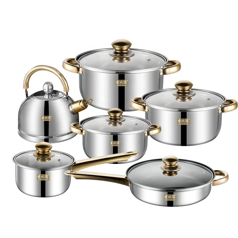 Stainless Steel Pot Set 12-piece Set Gold Handle Set Non-Stick Frying Pan