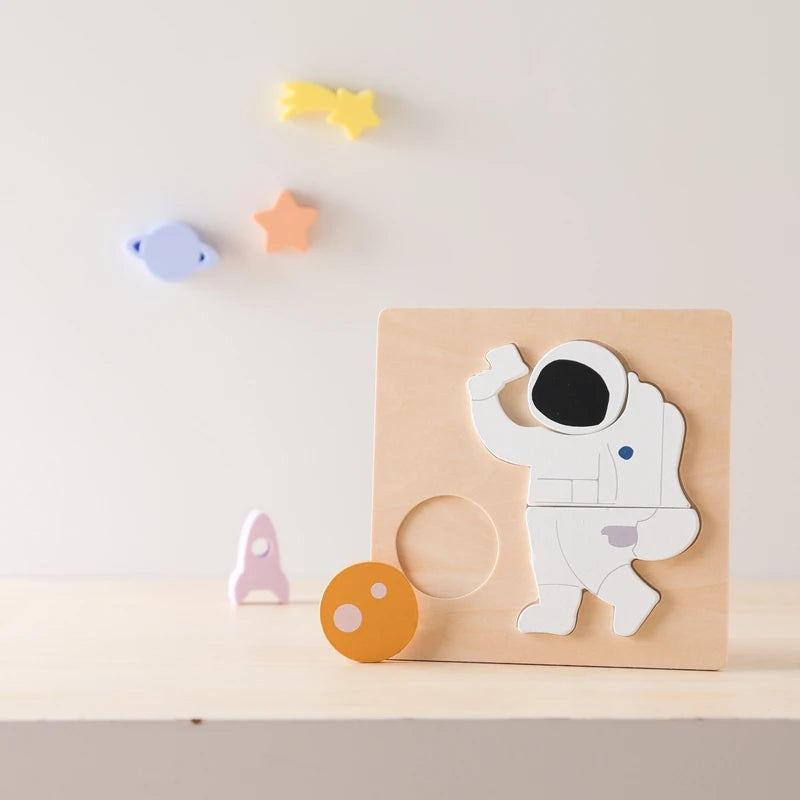 Wooden Puzzle Montessori Toys Baby Cartoon Astronaut Tangram Shapes Puzzle Learning Education Toys Kid Intelligence Jigsaw Gifts